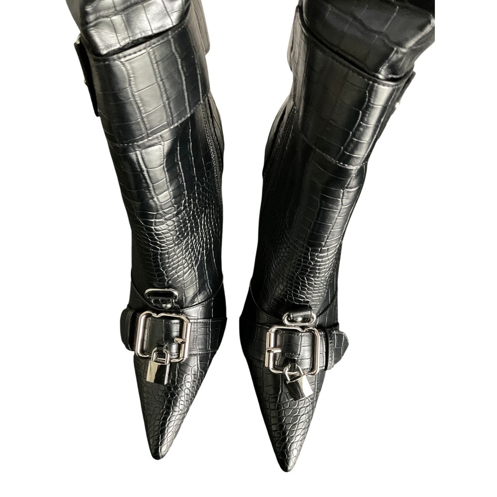 Azalea Wang Black Croc Pointed Toe Buckle Stiletto Knee High Boots Sz 11 - Picture 7 of 16